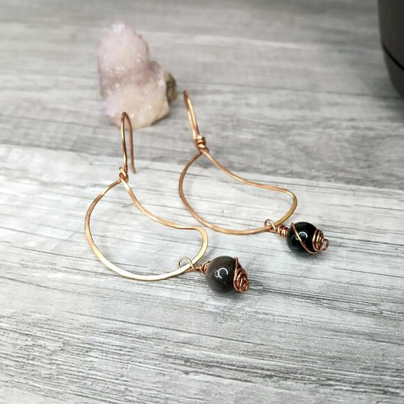 BOGO EARRINGS Black obsidian crescent moon beaded dangle earrings, 2.5" - Picture 4 of 5